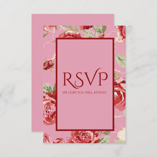 Red rose floral print save the date RSVP card (Front/Back)