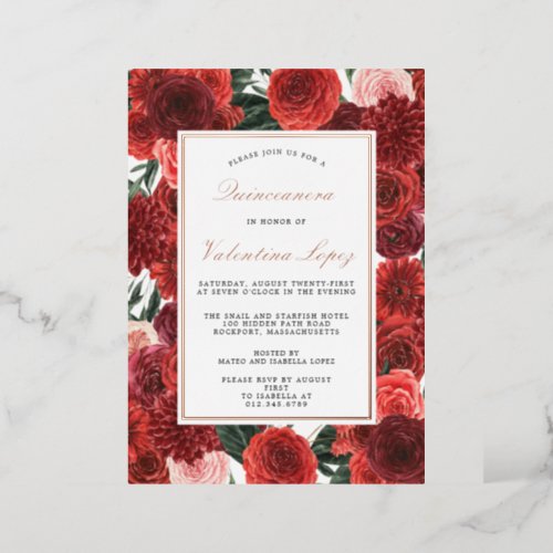 Red Rose Floral Quinceanera Elegant Gold Foil Invi Foil Invitation