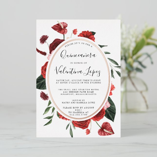 Red Rose Floral Quinceanera Elegant Gold Foil Invitation (Standing Front)
