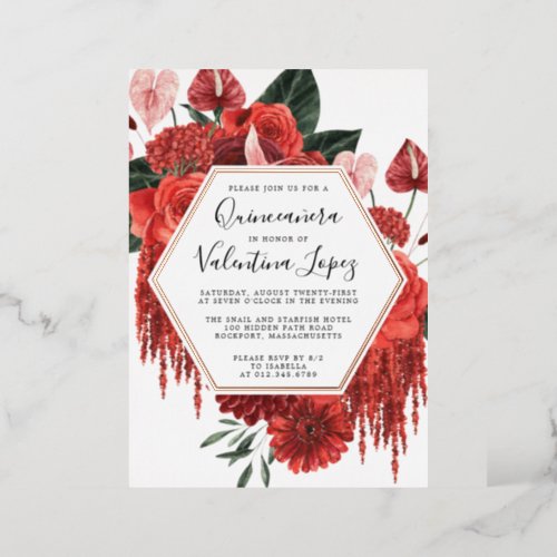 Red Rose Floral Quinceanera Glam Gold Foil Invitation