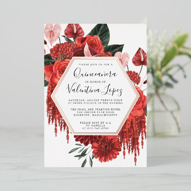 Red Rose Floral Quinceanera Glam Gold Foil Invitation (Standing Front)