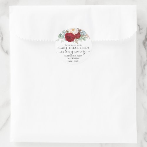 Red Rose Floral Seed Packet Memorial Funeral Classic Round Sticker