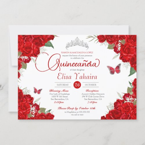 Red Rose Floral Silver Tiara Butterfly Quinceanera Invitation