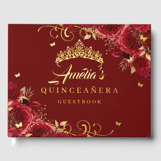 Red Rose Floral Swirl Quinceanera Gold Foil Guest Book