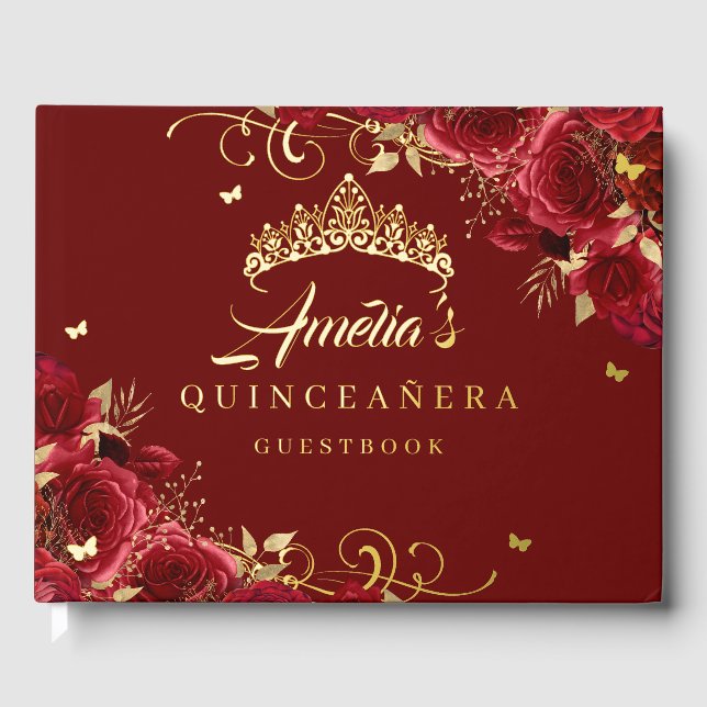 Red Rose Floral Swirl Quinceanera Gold   Foil Guest Book (Front)