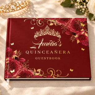 Red Rose Floral Swirl Quinceanera Gold Foil Guest Book