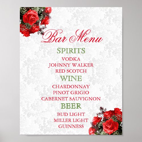 Red Rose Floral Wedding _ Bar Menu Poster