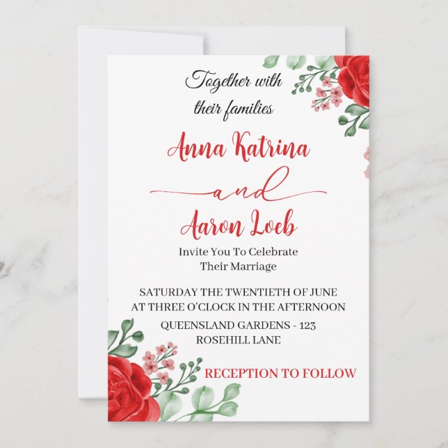 Red Rose Floral Wedding Invitation Template (Front)