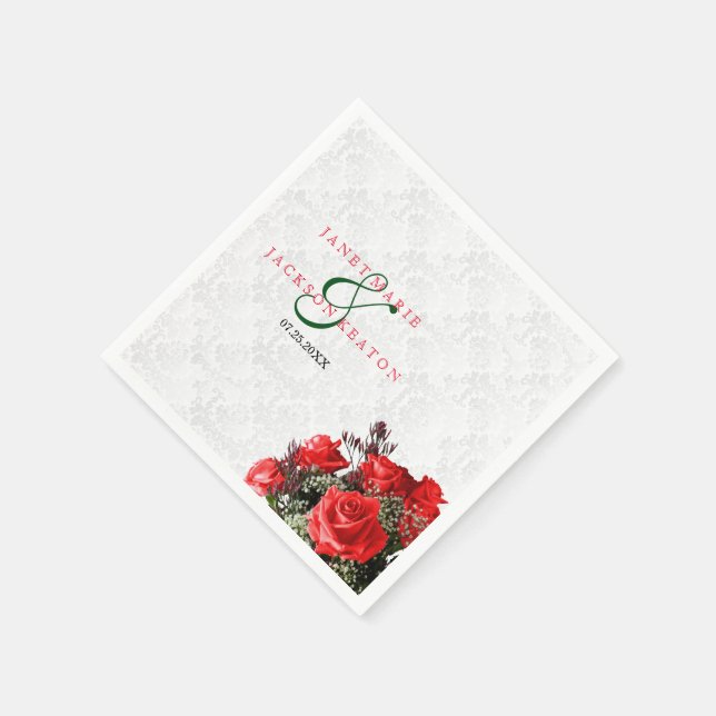 Red Rose Floral Wedding Paper Napkins (Corner)