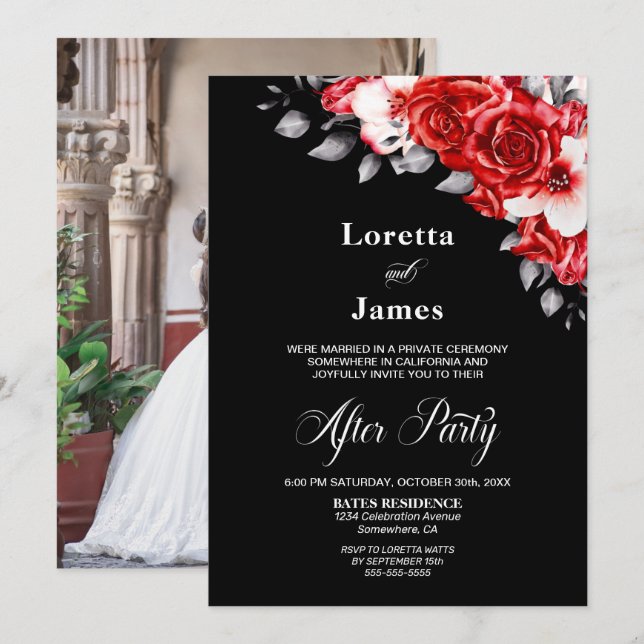 Red Rose Floral Wedding Reception Photo Invitation (Front/Back)