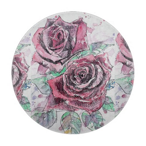 Red Rose Floral Womans Glass Chopping Board