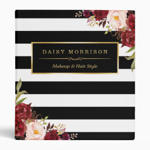 Red Rose Floral Wrapping Black White Striped 3 Ring Binder
