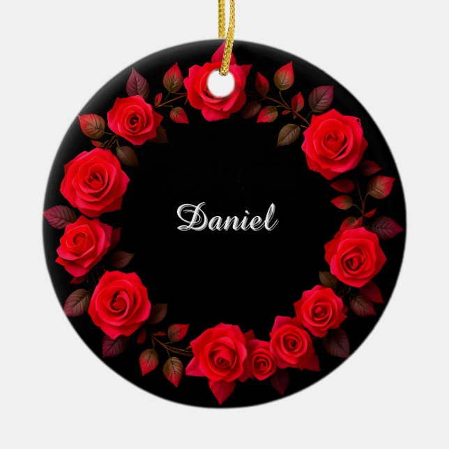 Red Rose Floral Wreath on Black Background Ceramic Ornament (Front)
