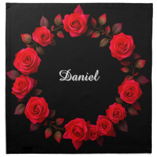 Red Rose Floral Wreath on Black Background Cloth Napkin