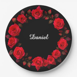 Red Rose Floral Wreath on Black Background Paper Plates