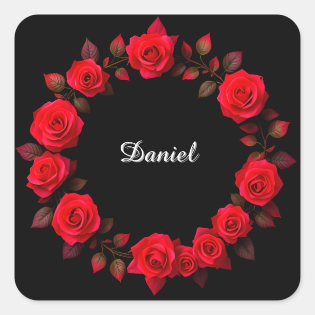 Red Rose Floral Wreath on Black Background Square Sticker (Front)