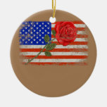 Red Rose Flower American Flag Love Valentine  Ceramic Ornament