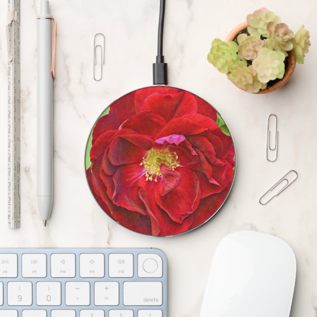 Red Rose Flower Art Charger (Desk)