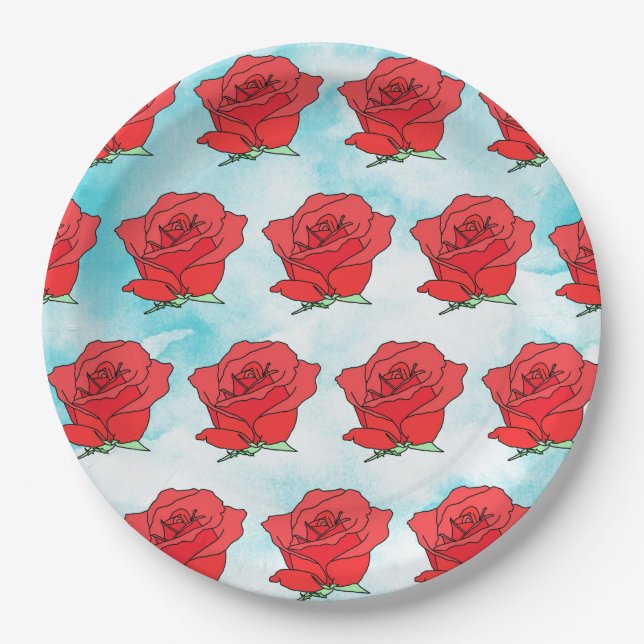 Red Rose Flower Art Paper Plates (Front)