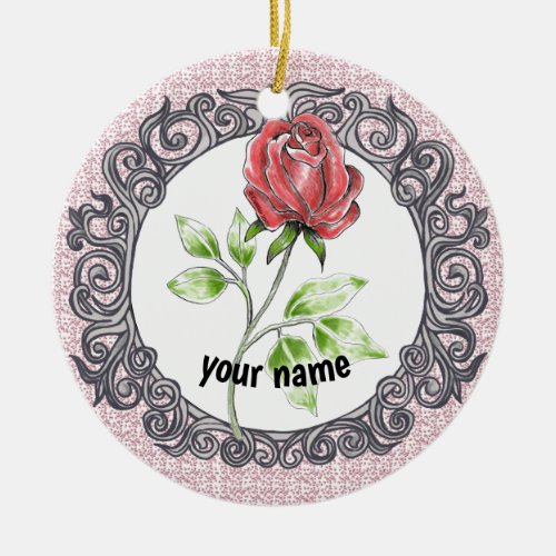 Red rose flower custom name ceramic ornament