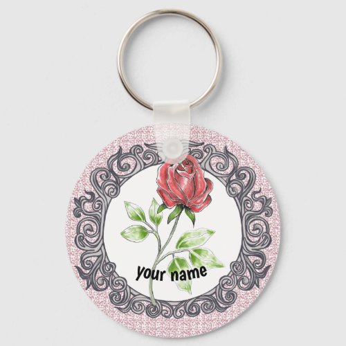 Red rose flower custom name keychain