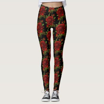 Red Rose Flower Floral Black Leggings by sequindreams at Zazzle