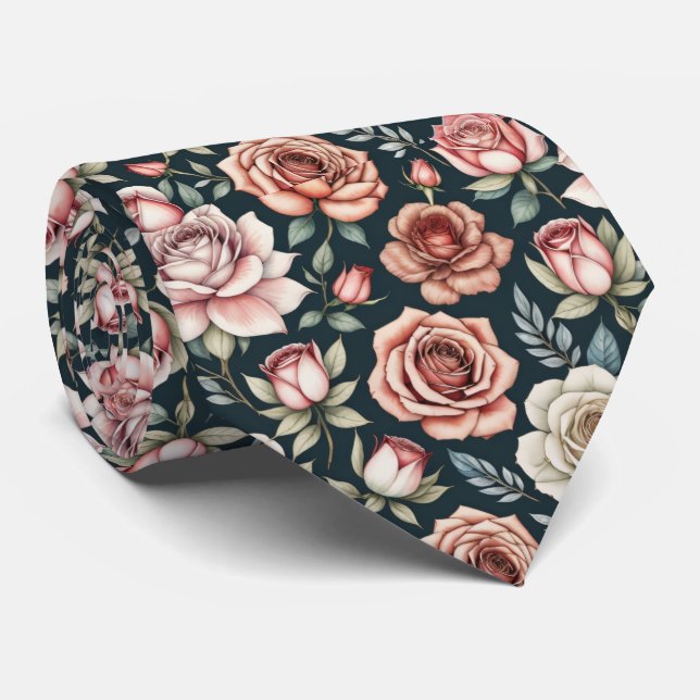 Red Rose Flower Floral Pattern Neck Tie (Rolled)