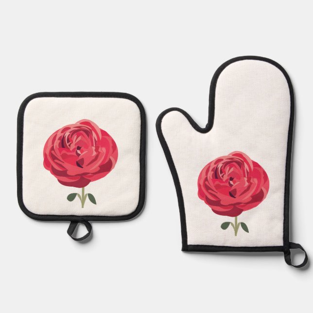 Red Rose Flower Floral Red Rose  Oven Mitt & Pot Holder Set (Front)