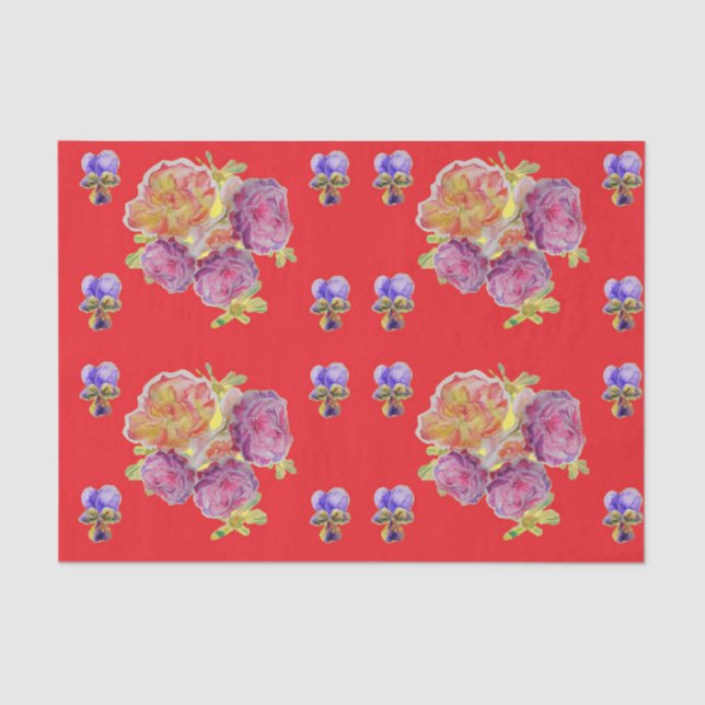 Red Rose Flower Floral Shabby Chic Pattern Tissue Paper (Front)