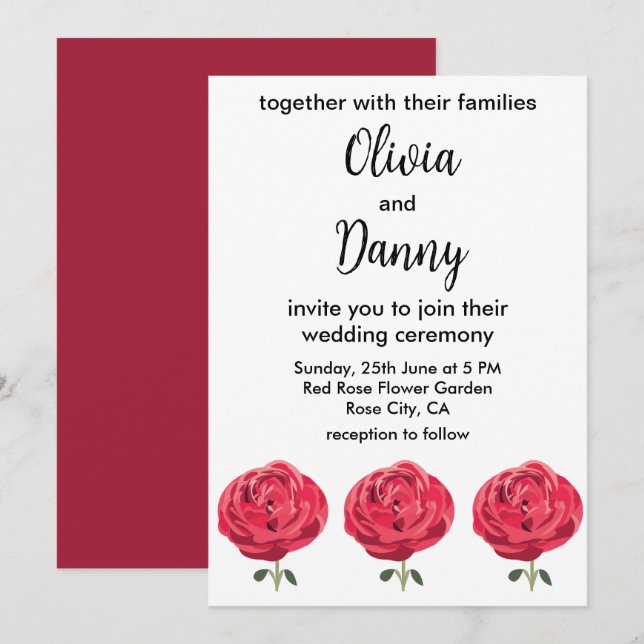 Red Rose Flower Floral Summer Rose Wedding Invitation (Front/Back)