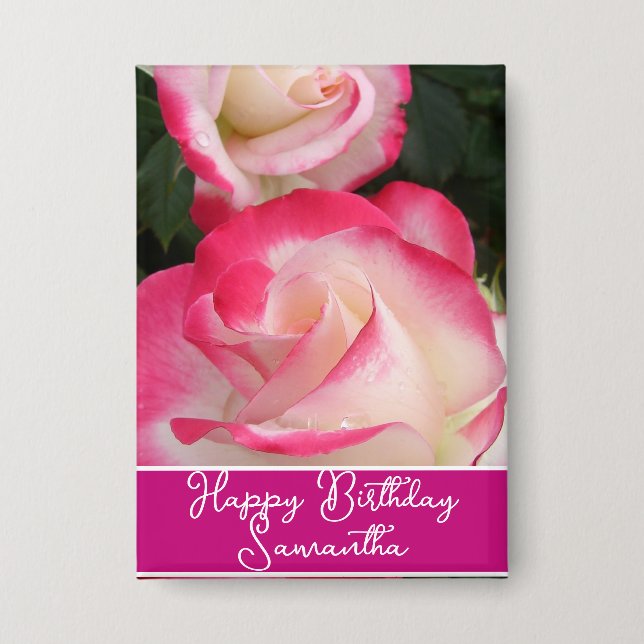 Red Rose Flower Floral Womans Name Birthday Badge Button (Front)