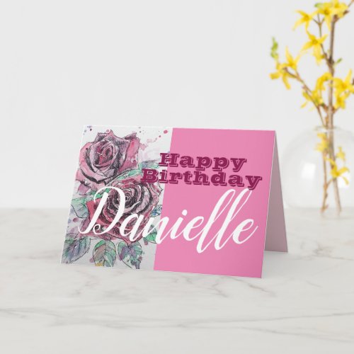 Red Rose Flower Happy Birthday Womans Name Card