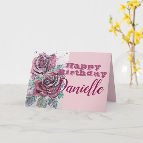 Red Rose Flower Happy Birthday Womans Name Card