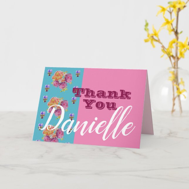 Red Rose Flower Happy Womans Name Thank You Card (Yellow Flower)
