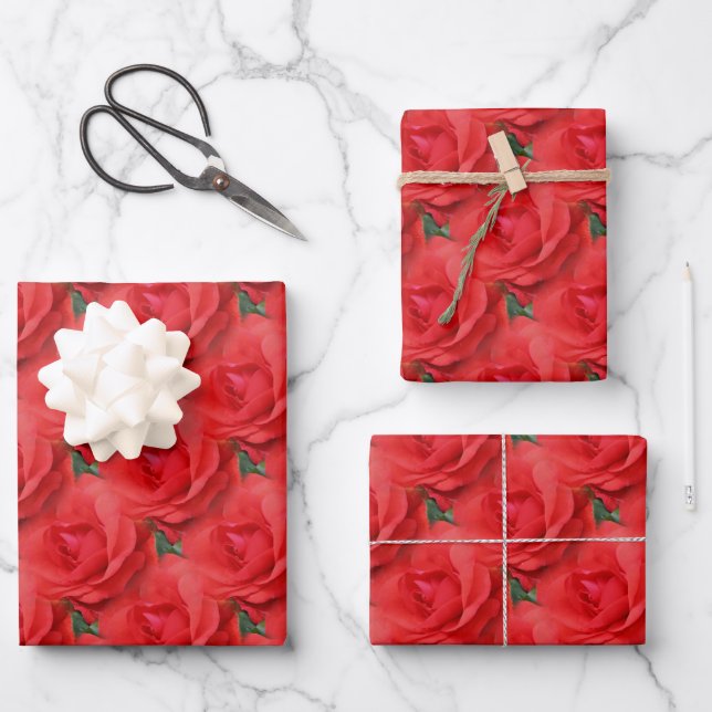 Red Rose Flower Nature Pattern  Wrapping Paper Sheets (Front)