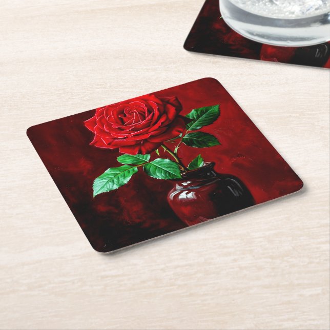 Red Rose Flower Painting  Square Paper Coaster (Angled)