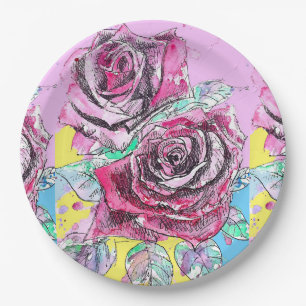 Red Rose Flower Pattern Art Paper Party Plate