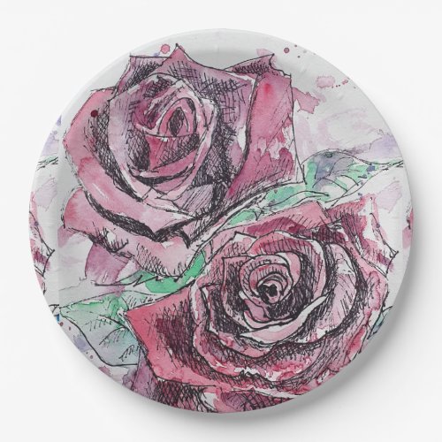 Red Rose Flower Pattern Paper Party Plate