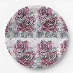 Red Rose Flower Pattern Watercolour Painting Paper Plates