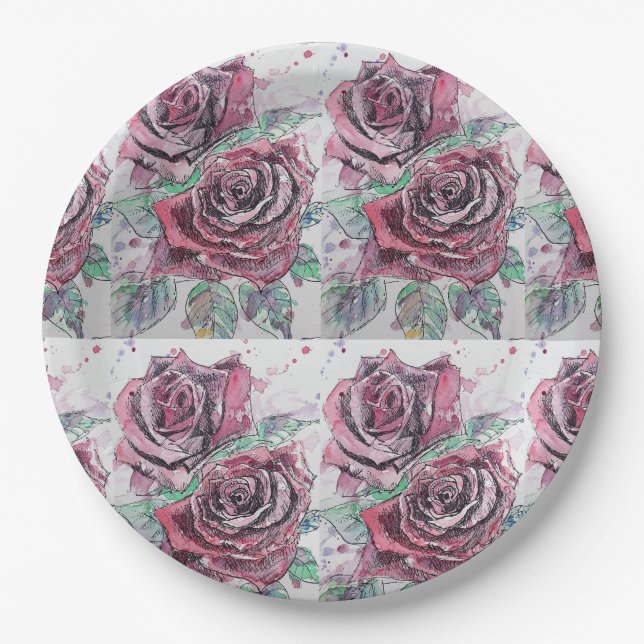 Red Rose Flower Pattern Watercolour Painting Paper Plates (Front)