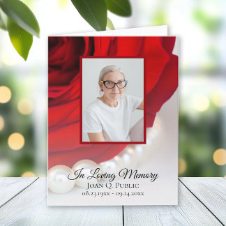 Red Rose Flower Pearls Funeral Memorial Sympathy Letterpress Thank You Card
