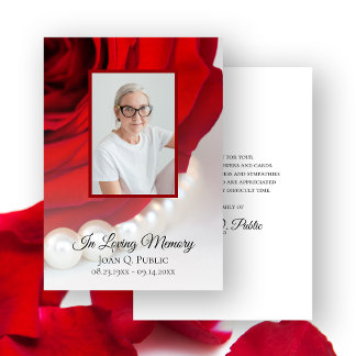 Red Rose Flower Pearls Funeral Memorial Sympathy Thank You Card