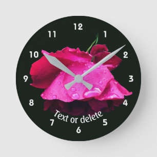 Red Rose Flower Raindrops Personalized Round Clock