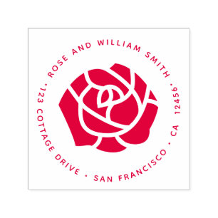Red Rose Flower Return Address Round Floral Self-inking Stamp