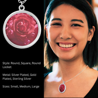 Red Rose Flower Round Silver Plated Necklace