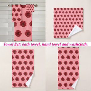 Red Rose Flower Seamless Pattern on Bath Towel Set