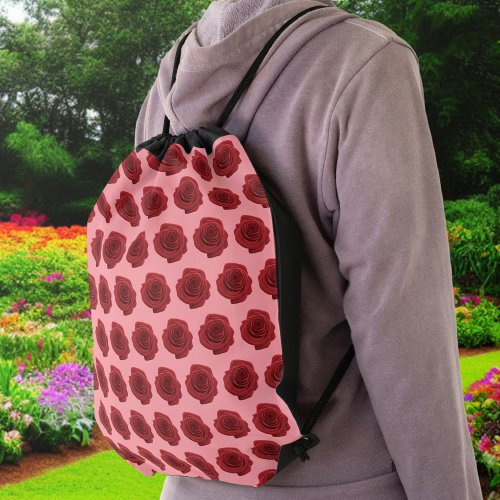Red Rose Flower Seamless Pattern on Drawstring Bag