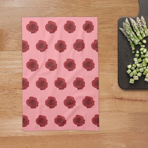 Red Rose Flower Seamless Pattern on Kitchen Towel