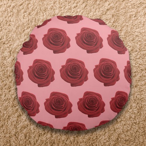 Red Rose Flower Seamless Pattern on Round Pillow