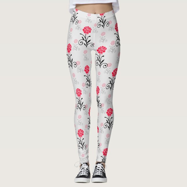 Red Rose Flower Stalk Pattern Design  Leggings (Front)